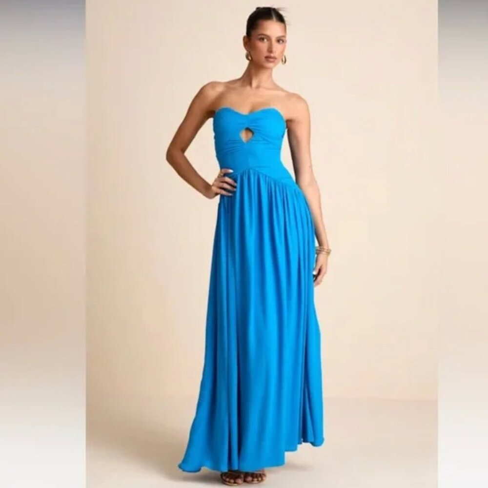 NWOT Lulus Rozala Bright Blue Pleated Strapless Maxi Dress (Size XS)